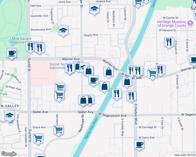 map of restaurants, bars, coffee shops, grocery stores, and more near 17200 Newhope Street in Fountain Valley