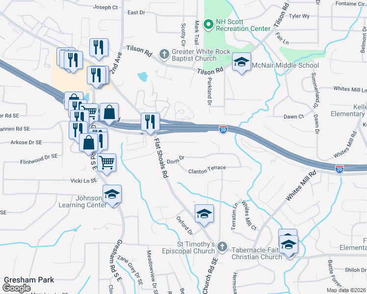 map of restaurants, bars, coffee shops, grocery stores, and more near 2145 Rexford Drive in Decatur