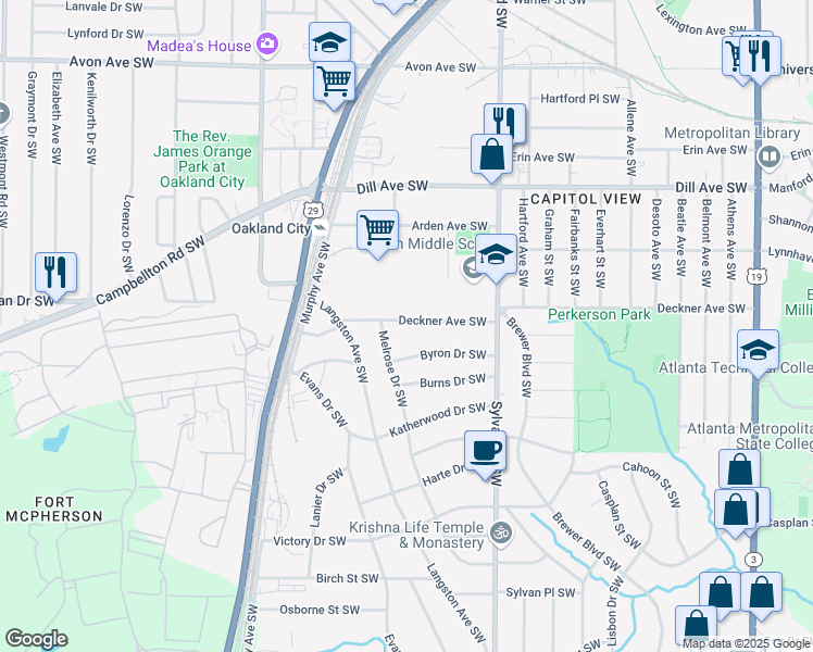 map of restaurants, bars, coffee shops, grocery stores, and more near 1026 Deckner Avenue Southwest in Atlanta