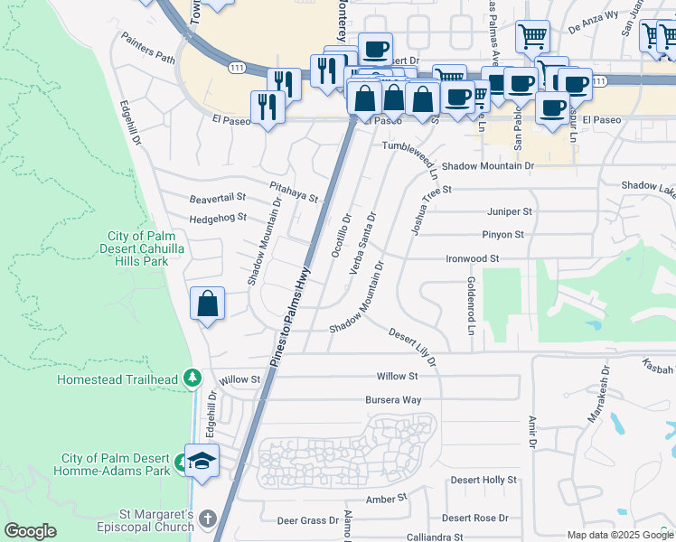 map of restaurants, bars, coffee shops, grocery stores, and more near 46050 Ocotillo Drive in Palm Desert