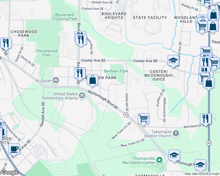 map of restaurants, bars, coffee shops, grocery stores, and more near 1398 Marion Street Southeast in Atlanta