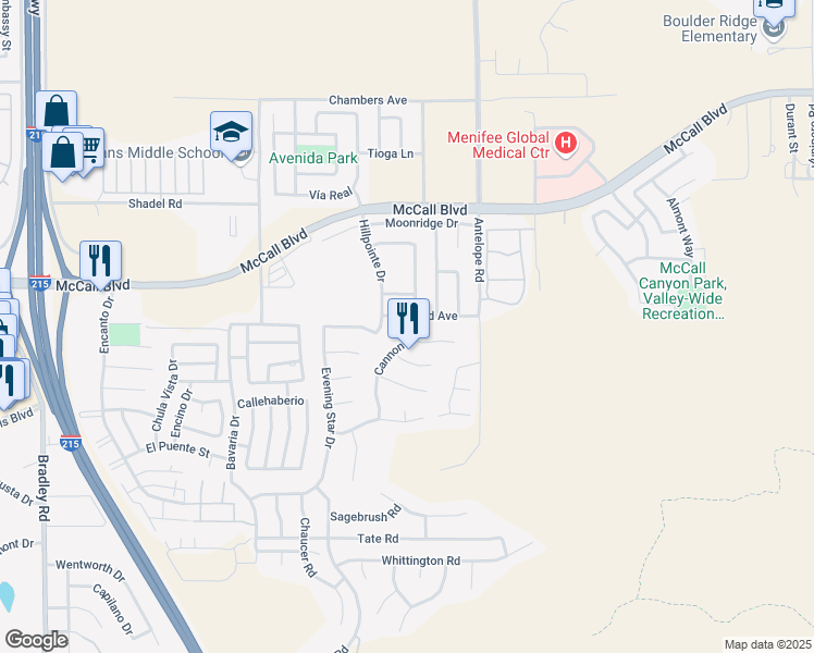 map of restaurants, bars, coffee shops, grocery stores, and more near 28021 Cannon Drive in Menifee