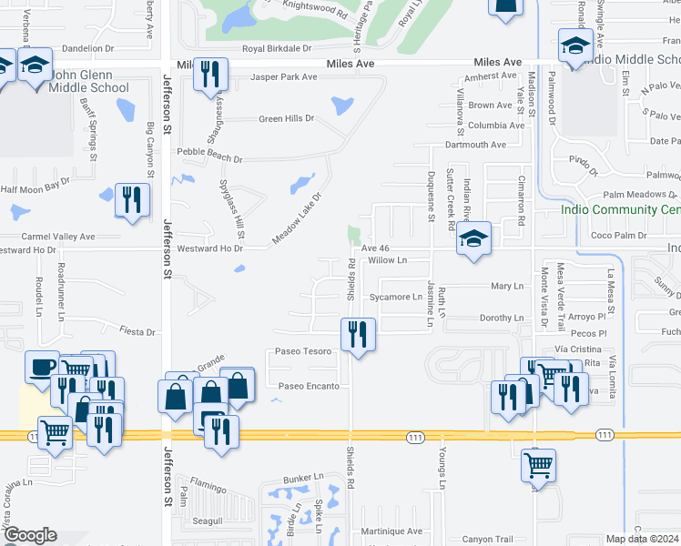 map of restaurants, bars, coffee shops, grocery stores, and more near 80472 Suncastle Road in Indio