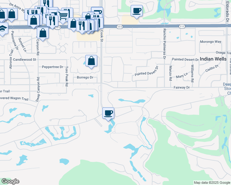 map of restaurants, bars, coffee shops, grocery stores, and more near 75163 Pepperwood Drive in Indian Wells