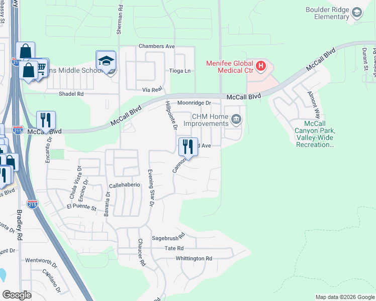 map of restaurants, bars, coffee shops, grocery stores, and more near 28021 Cannon Drive in Menifee