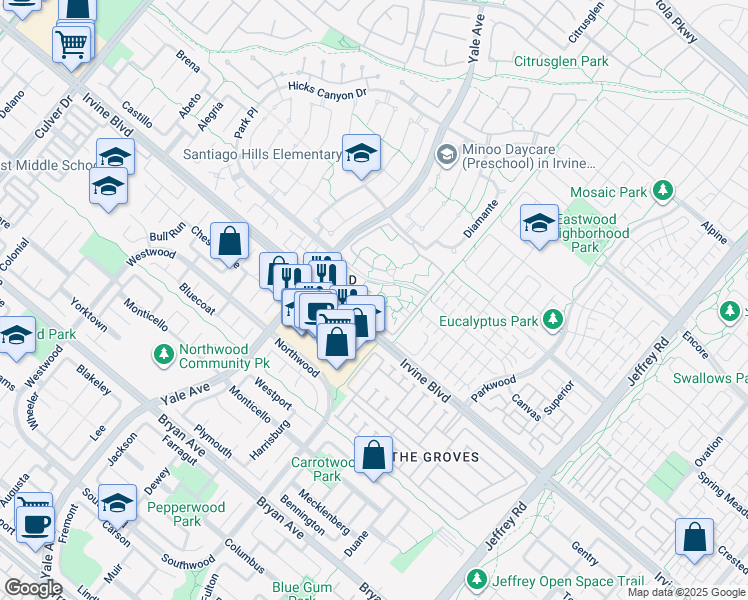 map of restaurants, bars, coffee shops, grocery stores, and more near 220 Springview in Irvine