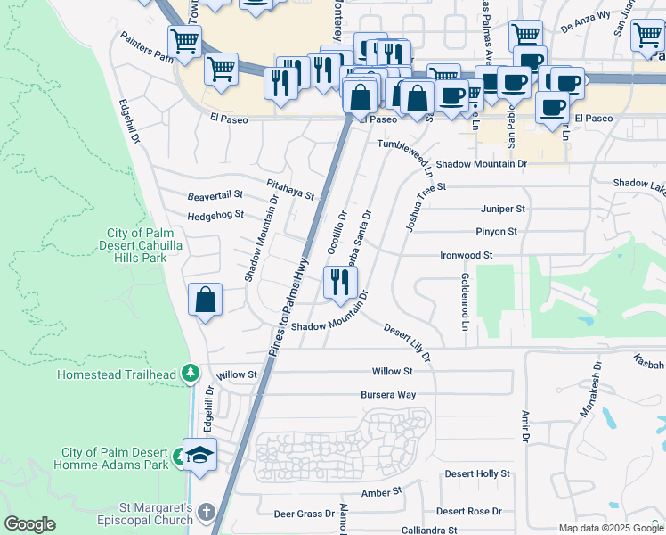 map of restaurants, bars, coffee shops, grocery stores, and more near 46050 Ocotillo Drive in Palm Desert