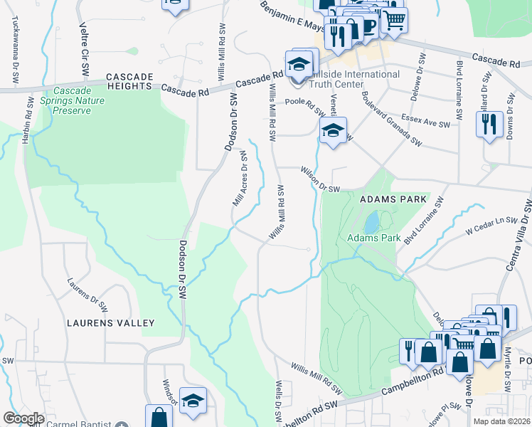 map of restaurants, bars, coffee shops, grocery stores, and more near 1527 Willis Mill Road Southwest in Atlanta