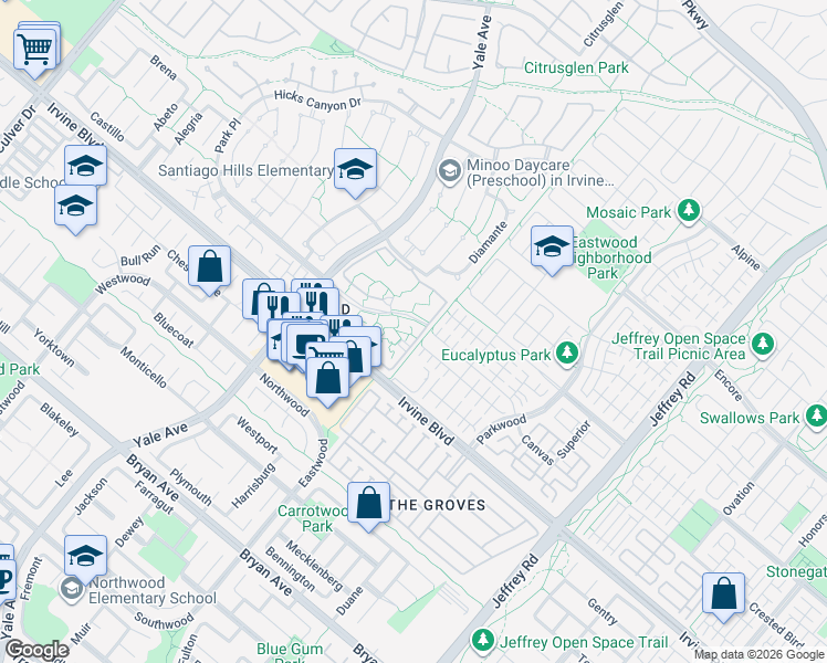 map of restaurants, bars, coffee shops, grocery stores, and more near 21 Streamwood in Irvine