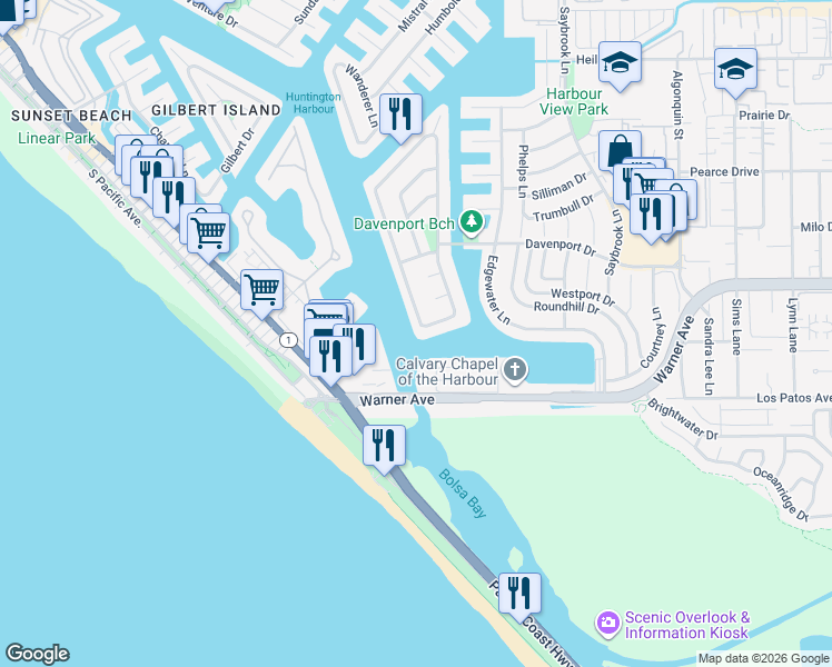 map of restaurants, bars, coffee shops, grocery stores, and more near 17061 Bolero Lane in Huntington Beach