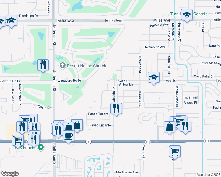 map of restaurants, bars, coffee shops, grocery stores, and more near 80472 Suncastle Road in Indio