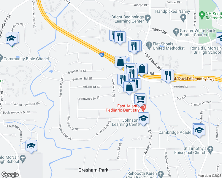 map of restaurants, bars, coffee shops, grocery stores, and more near 2555 Boulder Road Southeast in Atlanta