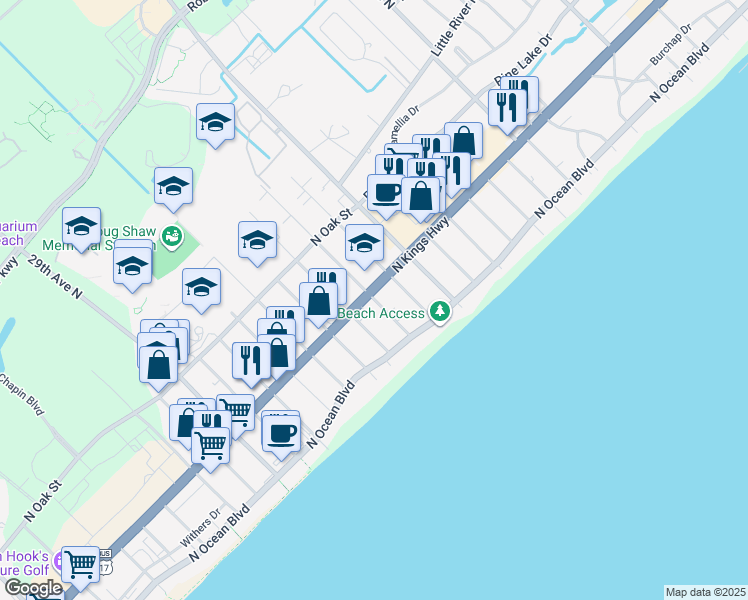 map of restaurants, bars, coffee shops, grocery stores, and more near 3504 U.S. 17 Business in Myrtle Beach
