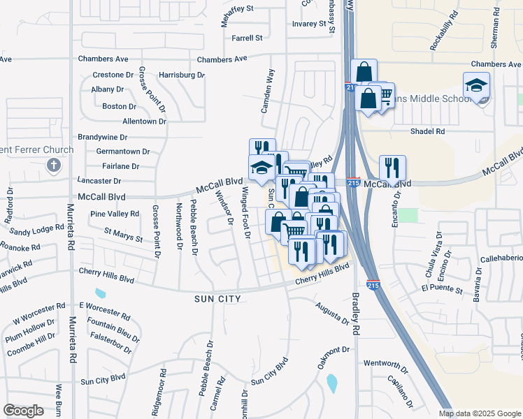 map of restaurants, bars, coffee shops, grocery stores, and more near 27311 Sun City Boulevard in Menifee