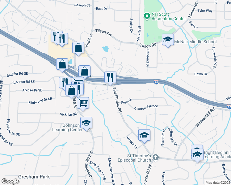 map of restaurants, bars, coffee shops, grocery stores, and more near 2555 Flat Shoals Road in Decatur