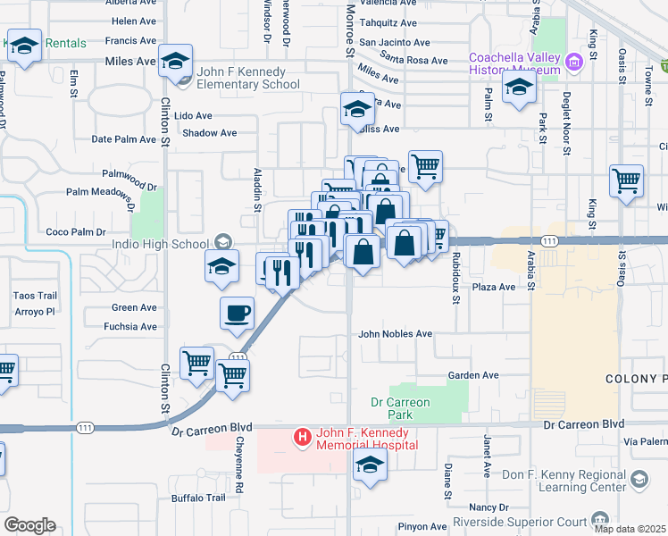 map of restaurants, bars, coffee shops, grocery stores, and more near 81944 California 111 in Indio