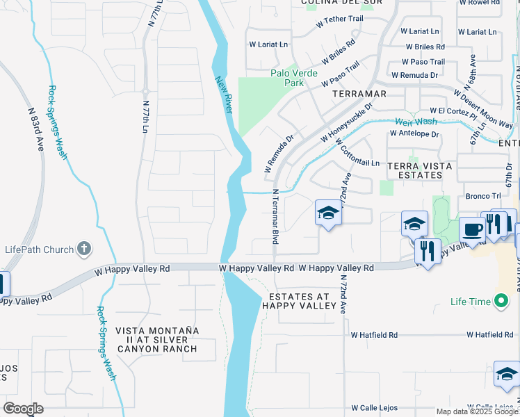 map of restaurants, bars, coffee shops, grocery stores, and more near 25250 North Terramar Boulevard in Peoria