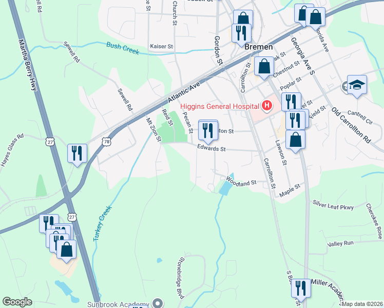map of restaurants, bars, coffee shops, grocery stores, and more near 603 Pecan Street in Bremen