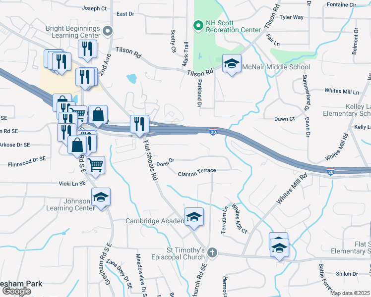 map of restaurants, bars, coffee shops, grocery stores, and more near 2175 Rexford Drive in Decatur