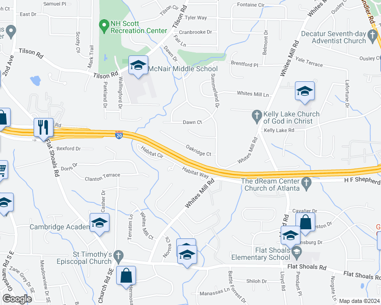 map of restaurants, bars, coffee shops, grocery stores, and more near 2379 Oakridge Court in Decatur