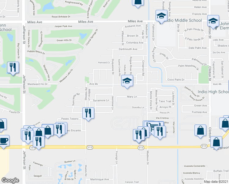 map of restaurants, bars, coffee shops, grocery stores, and more near 46130 Jasmine Lane in Indio