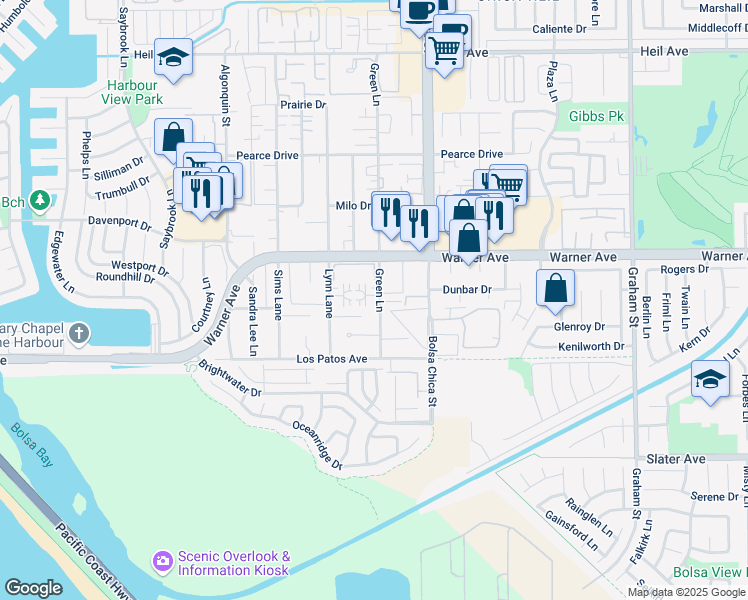 map of restaurants, bars, coffee shops, grocery stores, and more near 23rd Street in Huntington Beach