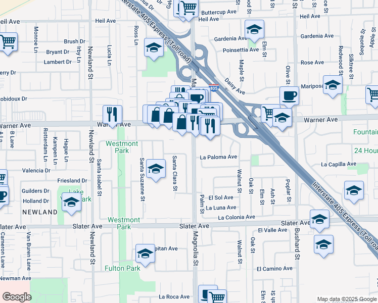 map of restaurants, bars, coffee shops, grocery stores, and more near 8967 La Paloma Avenue in Fountain Valley