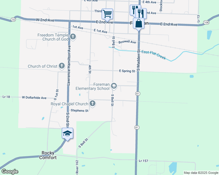 map of restaurants, bars, coffee shops, grocery stores, and more near 417 North Bell Street in Foreman