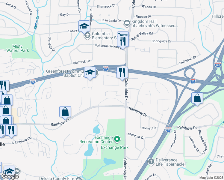 map of restaurants, bars, coffee shops, grocery stores, and more near 3262 Abbeywood Drive in Decatur