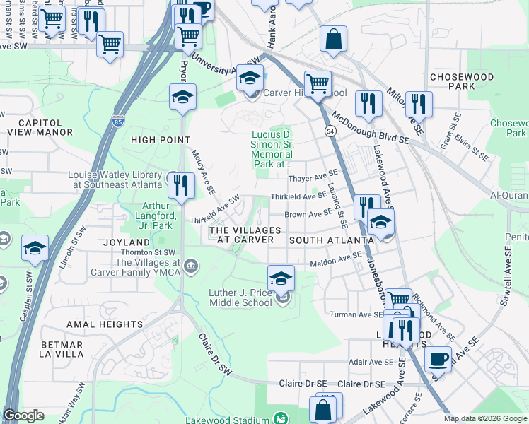 map of restaurants, bars, coffee shops, grocery stores, and more near 177 Benjamin Weldon Bickers Drive Southeast in Atlanta