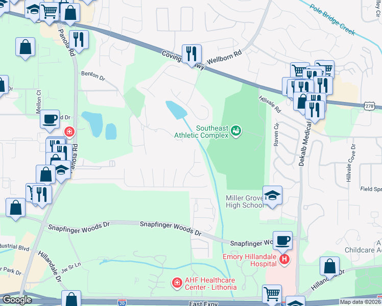 map of restaurants, bars, coffee shops, grocery stores, and more near 2497 Willenhall Way in Lithonia