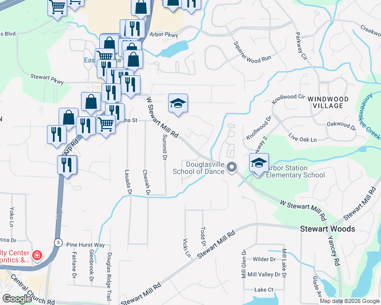 map of restaurants, bars, coffee shops, grocery stores, and more near 3374 West Stewarts Mill Road in Douglasville