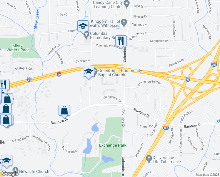 map of restaurants, bars, coffee shops, grocery stores, and more near 3268 Abbeywood Drive in Decatur