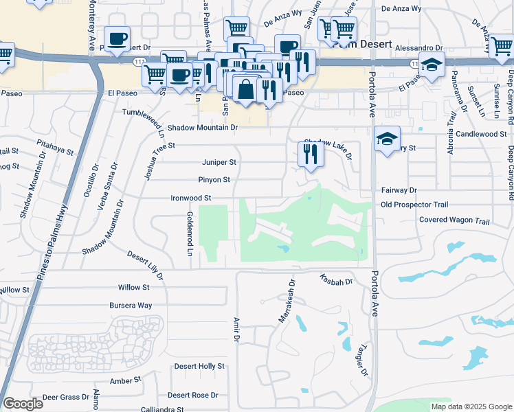 map of restaurants, bars, coffee shops, grocery stores, and more near 73595 Cottage Lane in Palm Desert