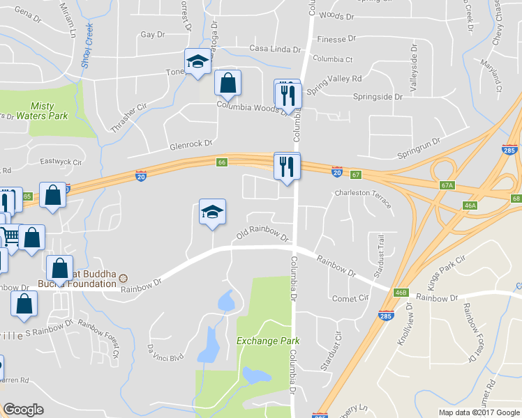 map of restaurants, bars, coffee shops, grocery stores, and more near 3267 Abbeywood Drive in Decatur