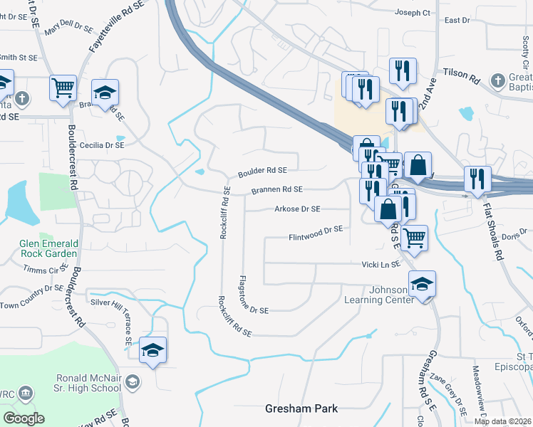 map of restaurants, bars, coffee shops, grocery stores, and more near 1761 Arkose Drive Southeast in Atlanta