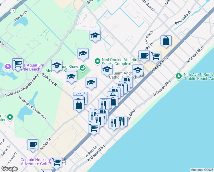 map of restaurants, bars, coffee shops, grocery stores, and more near 33rd Avenue North in Myrtle Beach