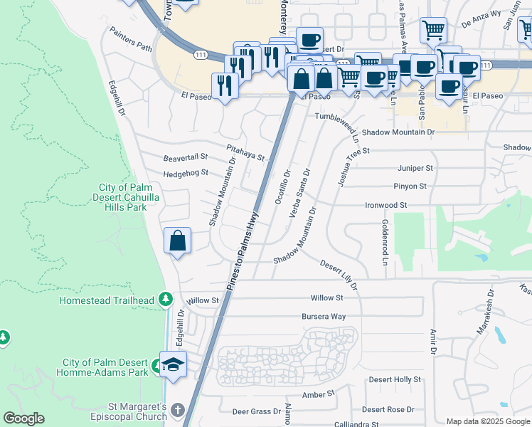map of restaurants, bars, coffee shops, grocery stores, and more near 46020 California 74 in Palm Desert