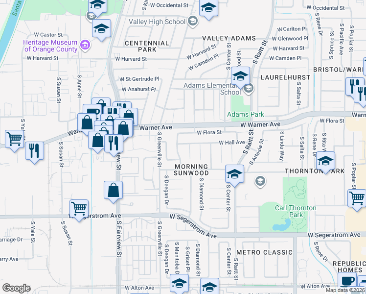 map of restaurants, bars, coffee shops, grocery stores, and more near 2501 South Griset Place in Santa Ana