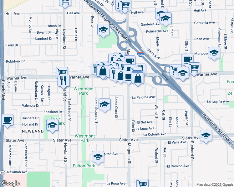 map of restaurants, bars, coffee shops, grocery stores, and more near 8895 La Paloma Avenue in Fountain Valley