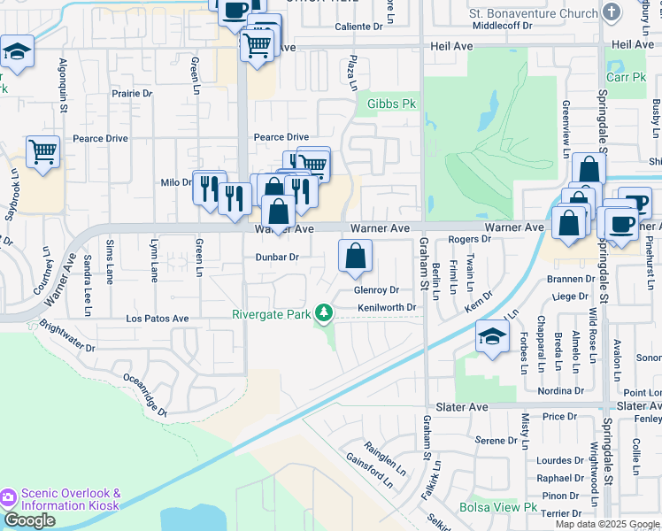 map of restaurants, bars, coffee shops, grocery stores, and more near 17092 Greentree Lane in Huntington Beach