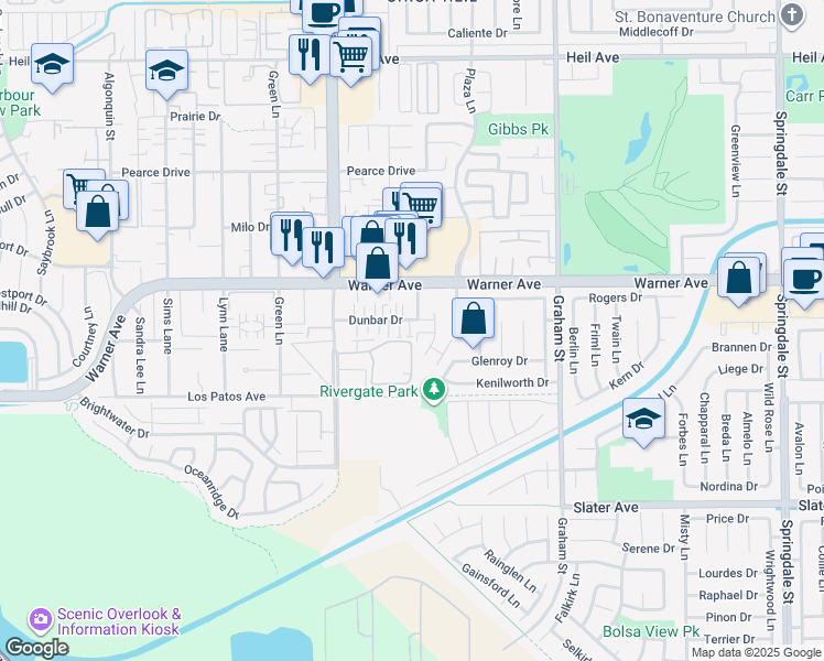 map of restaurants, bars, coffee shops, grocery stores, and more near 5172 Dunbar Drive in Huntington Beach