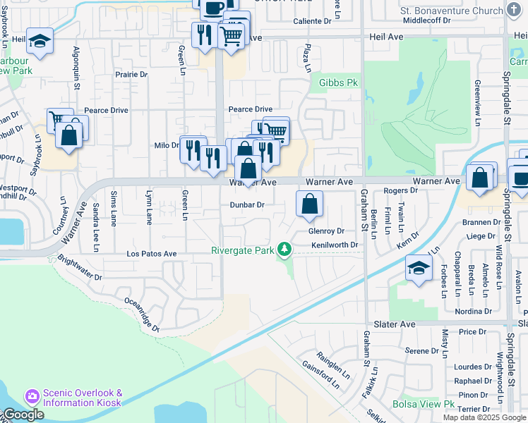 map of restaurants, bars, coffee shops, grocery stores, and more near 5092 Dunbar Drive in Huntington Beach