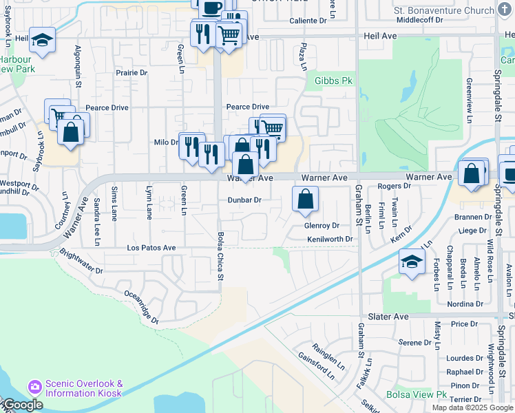 map of restaurants, bars, coffee shops, grocery stores, and more near 5092 Dunbar Drive in Huntington Beach