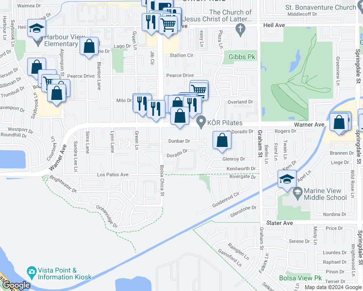 map of restaurants, bars, coffee shops, grocery stores, and more near 5092 Dunbar Drive in Huntington Beach
