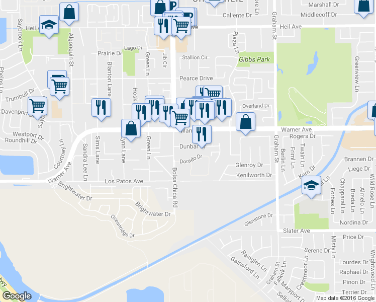 map of restaurants, bars, coffee shops, grocery stores, and more near 5092 Dunbar Drive in Huntington Beach