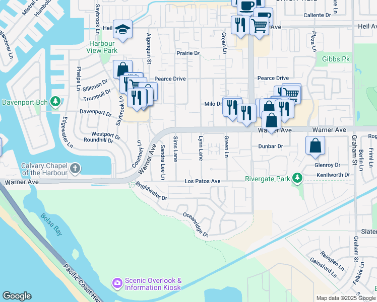 map of restaurants, bars, coffee shops, grocery stores, and more near 4682 Warner Avenue in Huntington Beach