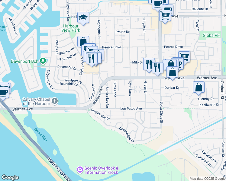 map of restaurants, bars, coffee shops, grocery stores, and more near 17082 Sandra Lee Lane in Huntington Beach