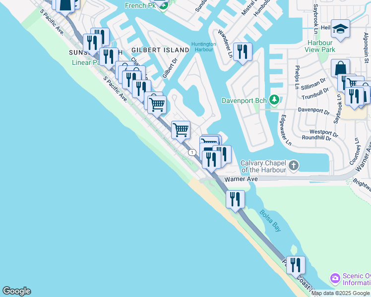 map of restaurants, bars, coffee shops, grocery stores, and more near in Huntington Beach
