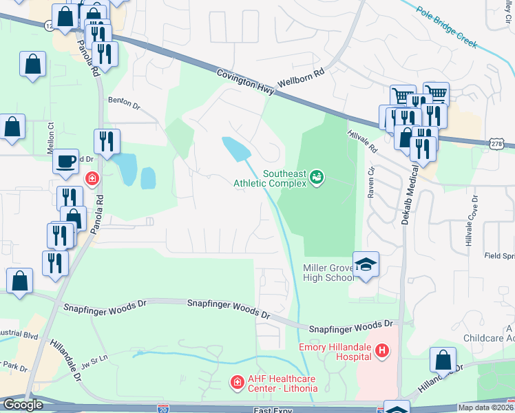 map of restaurants, bars, coffee shops, grocery stores, and more near 2497 Willenhall Way in Lithonia